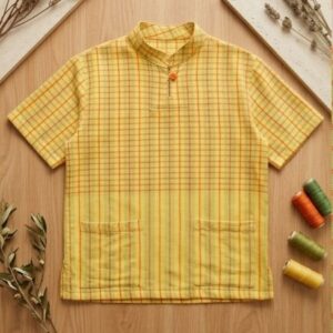 เสื้อคอจีนแขนสั้นสำหรับผู้ชายลายตาราง