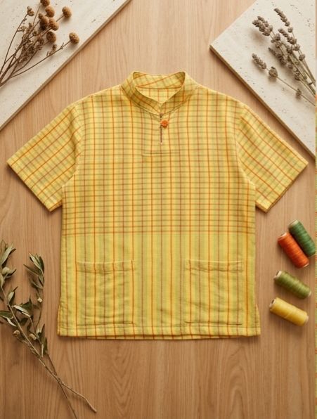 เสื้อคอจีนแขนสั้นสำหรับผู้ชายลายตาราง เสื้อคอจีนแขนสั้นสำหรับผู้ชายลายตาราง