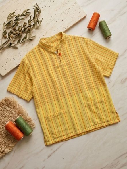 เสื้อคอจีนแขนสั้นสำหรับผู้ชายลายตาราง เสื้อคอจีนแขนสั้นสำหรับผู้ชายลายตาราง